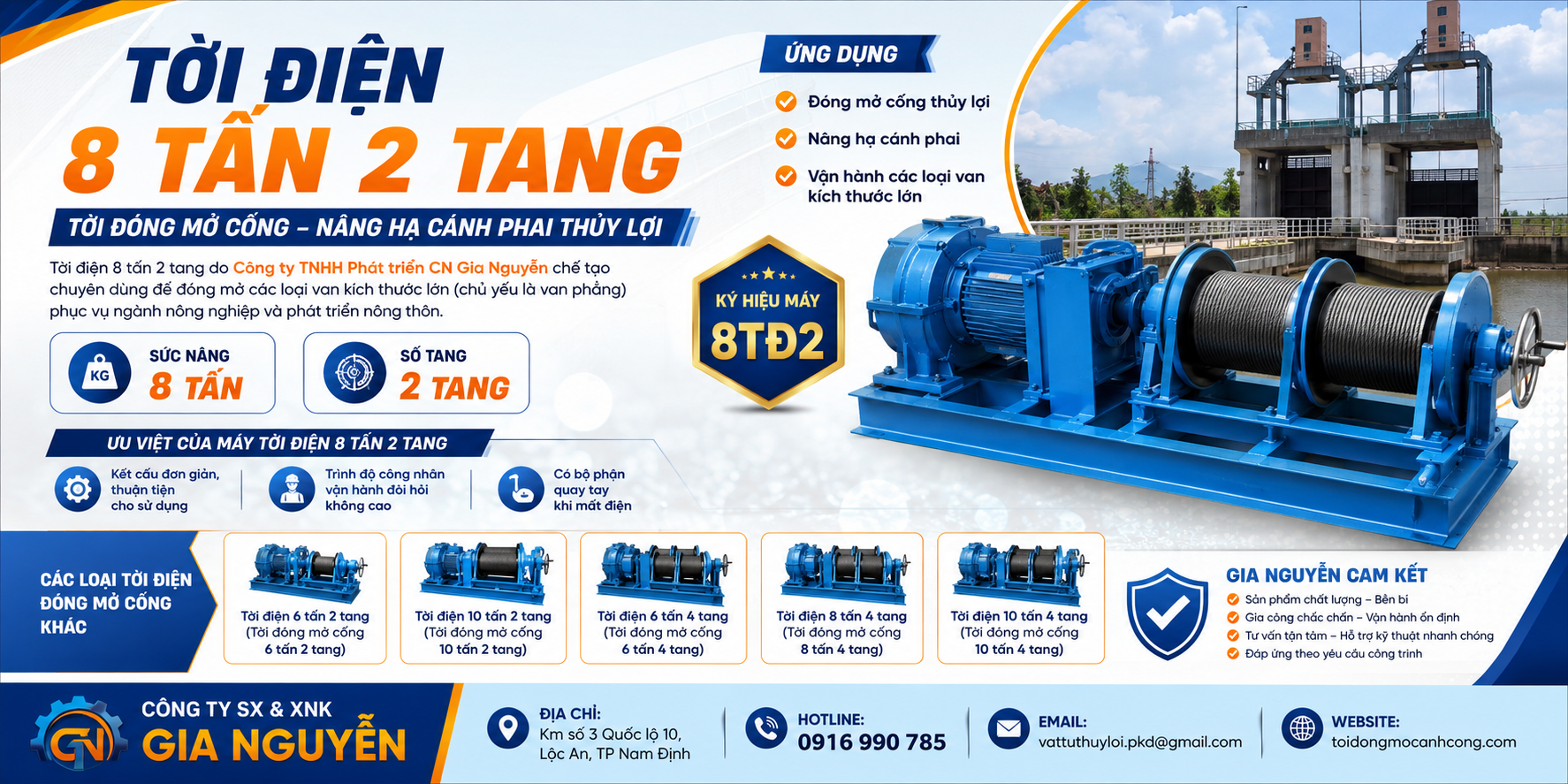 Tời điện 8 tấn 2 tang – Tời đóng mở cống, nâng hạ cánh phai thủy lợi 8 tấn